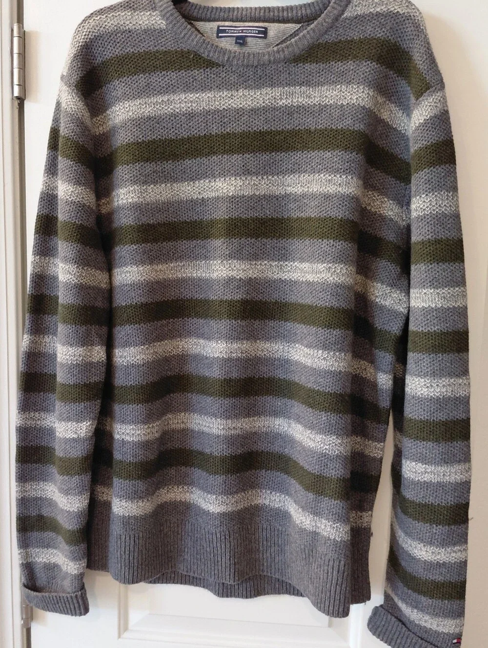 Tommy Hilfiger Olive and Gray Striped Crewneck Sweater